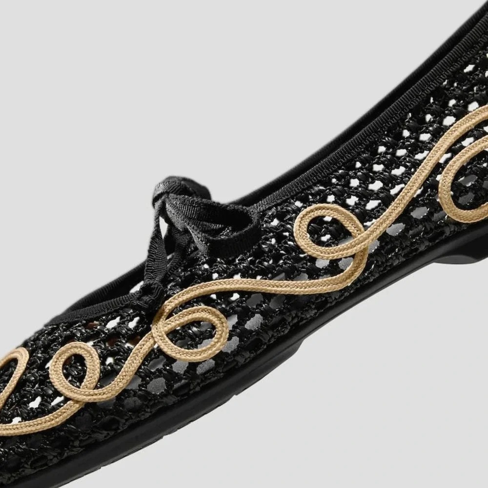 VIVAIA Makayla Black Natural Mesh Embroidered Square Toe Flats EU 39.5 US 8.5